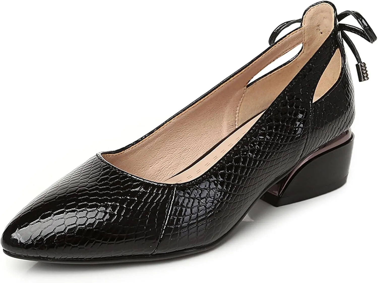 Women’s Genuine Leather Print Low Chunky Heel Dress Pumps Sexy Elegant Breathable Wear-Resistant Pointed Toe Shallow Mouth Slip-on Low Block Heel Pumps Shoes for Work Wedding Date