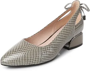 Women’s Genuine Leather Print Low Chunky Heel Dress Pumps Sexy Elegant Breathable Wear-Resistant Pointed Toe Shallow Mouth Slip-on Low Block Heel Pumps Shoes for Work Wedding Date
