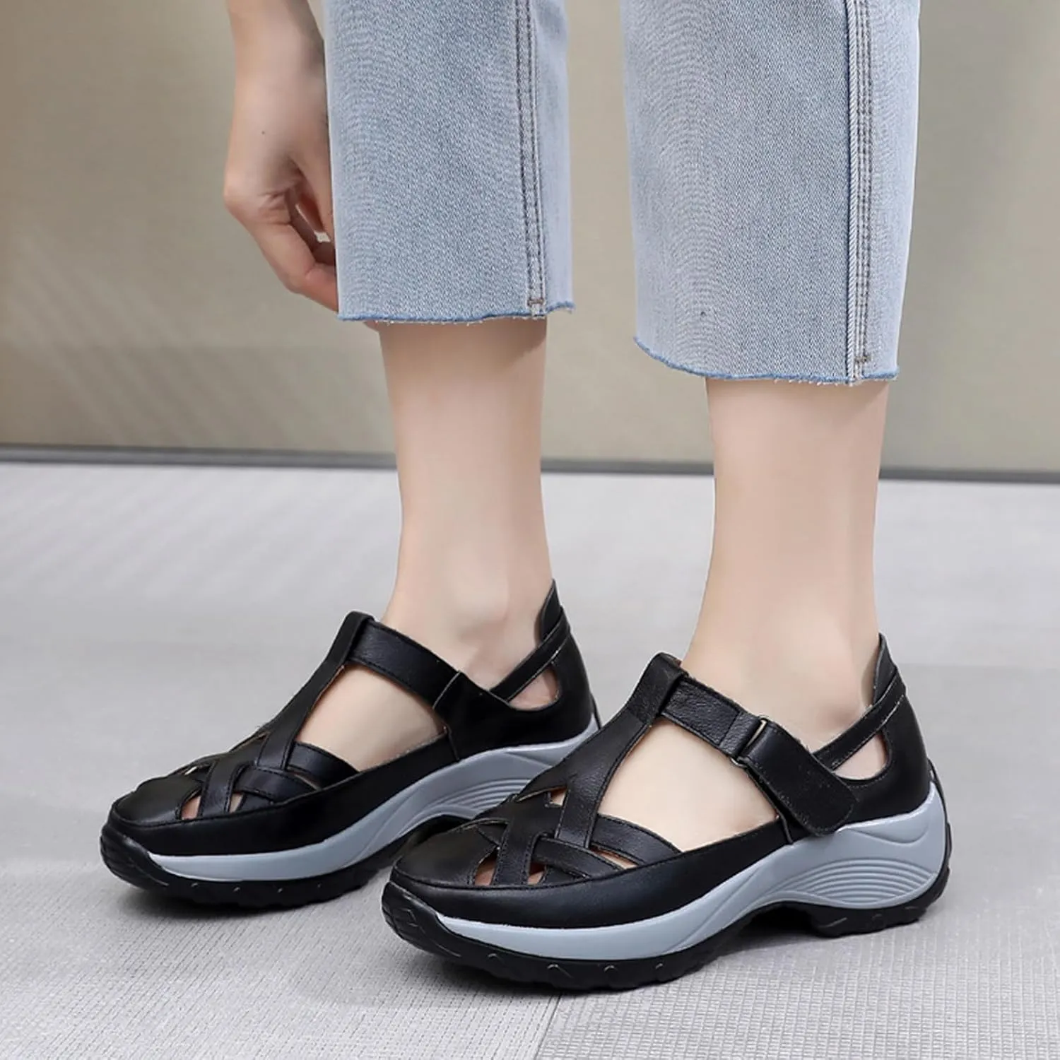Women’s Genuine Leather Wedge Platform Orthopedic Sandals Summer Breathable Comfort Retro Hollow Out Hook Loop Round Closed Toe Casual Roman Sandals for Walking Beach Party Work