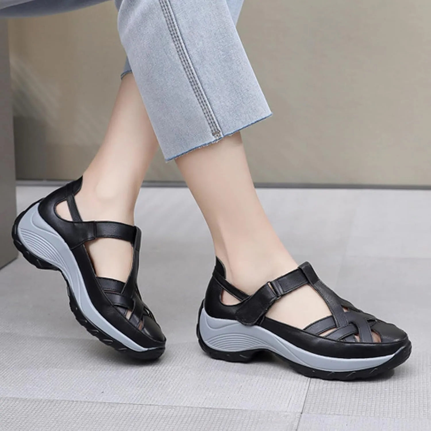 Women’s Genuine Leather Wedge Platform Orthopedic Sandals Summer Breathable Comfort Retro Hollow Out Hook Loop Round Closed Toe Casual Roman Sandals for Walking Beach Party Work