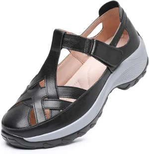 Women’s Genuine Leather Wedge Platform Orthopedic Sandals Summer Breathable Comfort Retro Hollow Out Hook Loop Round Closed Toe Casual Roman Sandals for Walking Beach Party Work