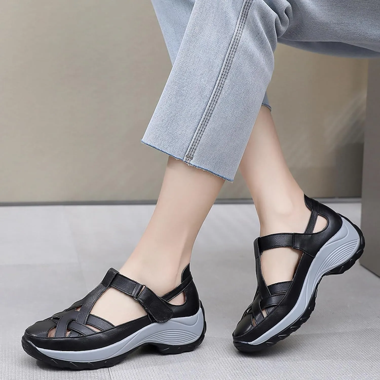 Women’s Genuine Leather Wedge Platform Orthopedic Sandals Summer Breathable Comfort Retro Hollow Out Hook Loop Round Closed Toe Casual Roman Sandals for Walking Beach Party Work