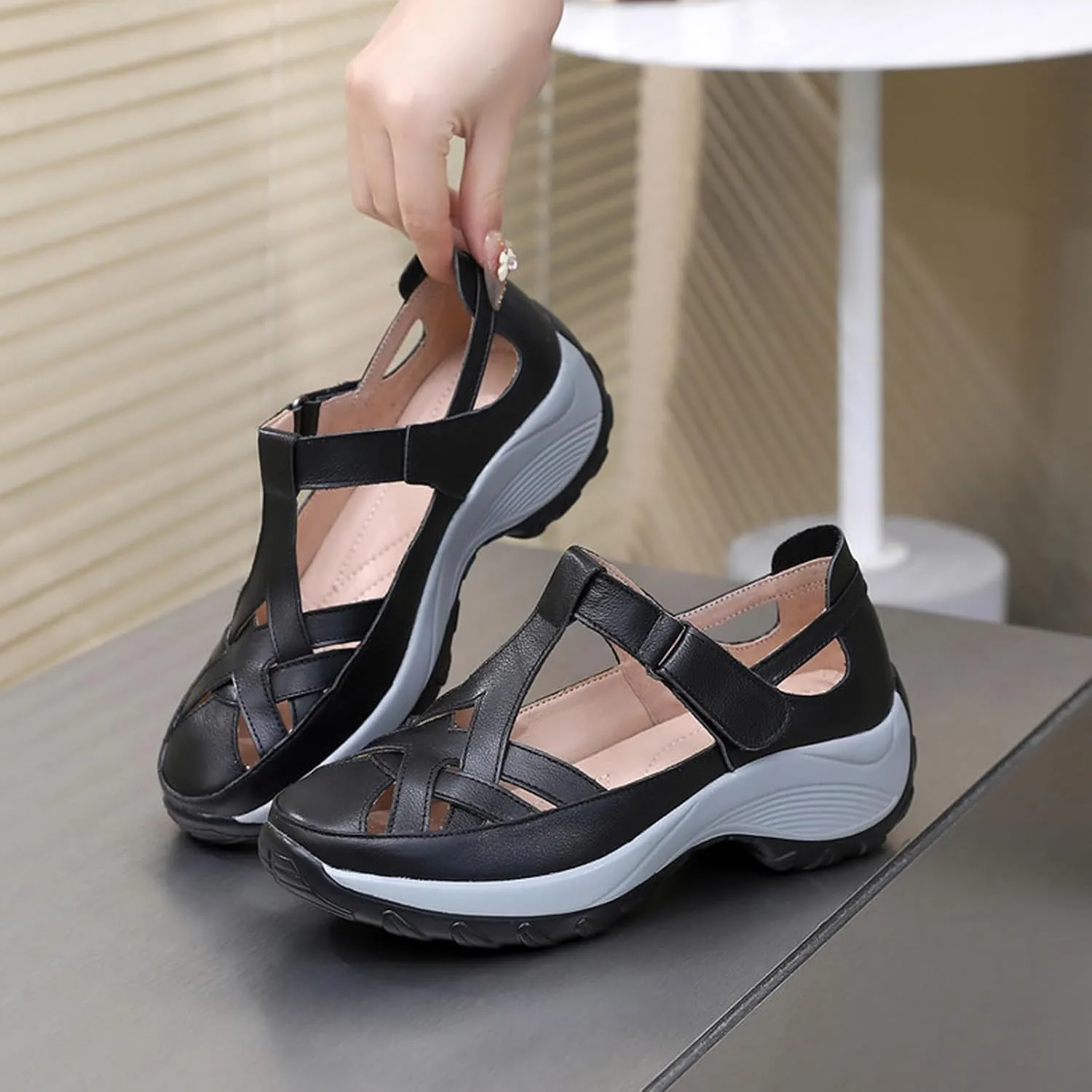 Women’s Genuine Leather Wedge Platform Orthopedic Sandals Summer Breathable Comfort Retro Hollow Out Hook Loop Round Closed Toe Casual Roman Sandals for Walking Beach Party Work