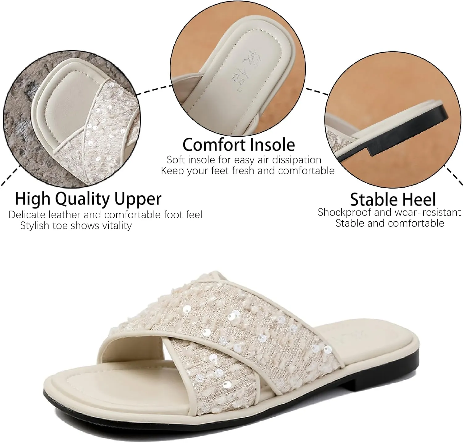 Women's Glitter Sequins Leather Slides Sandals Fashion Comfortable Open Round Toe Slip On Flat Bohemian Summer Dressy Slippers for Outdoor Beach Party Prom