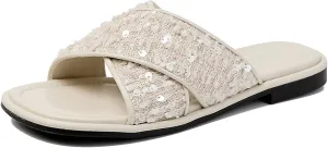 Women's Glitter Sequins Leather Slides Sandals Fashion Comfortable Open Round Toe Slip On Flat Bohemian Summer Dressy Slippers for Outdoor Beach Party Prom