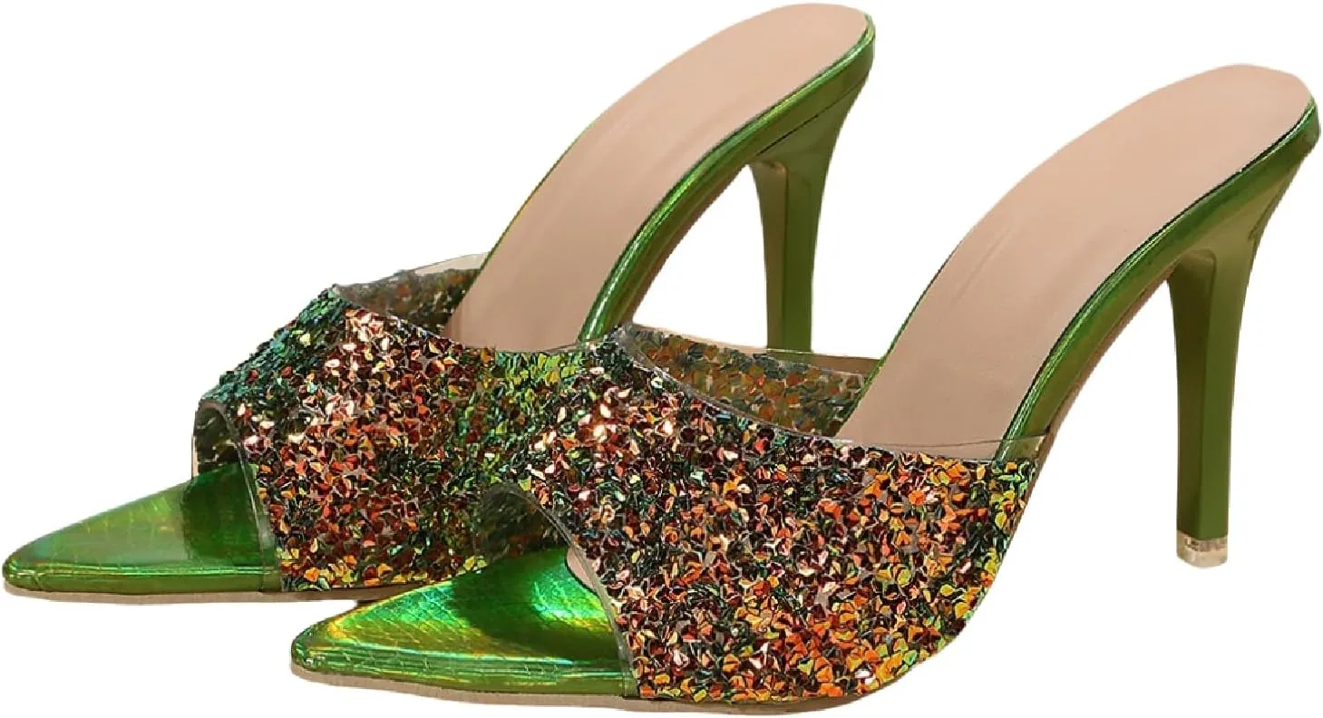 Women's Glitter Sequins Pointed Toe Stilettos Slides Sandals Fashion Open Toe Slip On Comfortable High Heels Mules for Summer Party Prom Date Dress Shoes