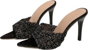 Women's Glitter Sequins Pointed Toe Stilettos Slides Sandals Fashion Open Toe Slip On Comfortable High Heels Mules for Summer Party Prom Date Dress Shoes
