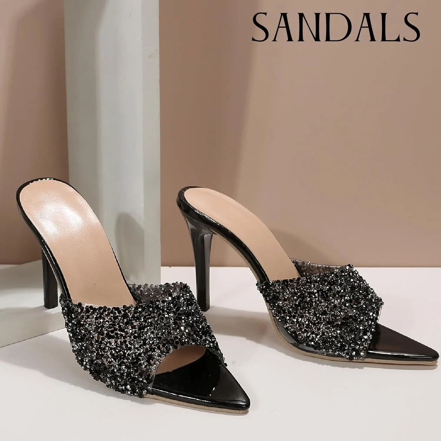 Women's Glitter Sequins Pointed Toe Stilettos Slides Sandals Fashion Open Toe Slip On Comfortable High Heels Mules for Summer Party Prom Date Dress Shoes