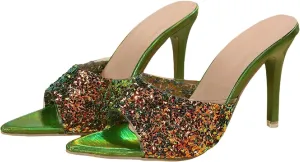 Women's Glitter Sequins Pointed Toe Stilettos Slides Sandals Fashion Open Toe Slip On Comfortable High Heels Mules for Summer Party Prom Date Dress Shoes