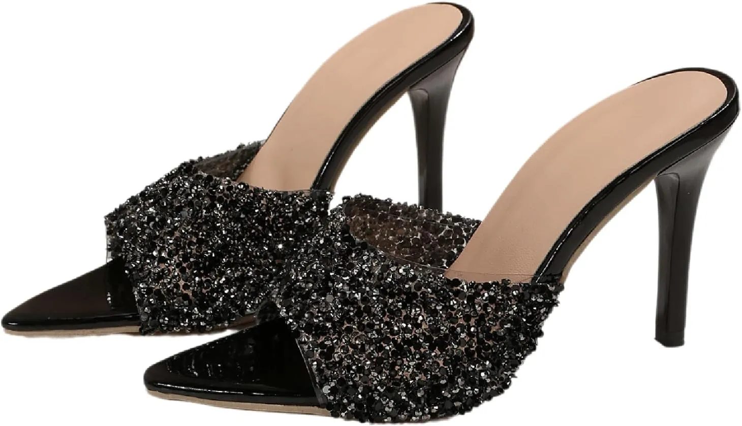 Women's Glitter Sequins Pointed Toe Stilettos Slides Sandals Fashion Open Toe Slip On Comfortable High Heels Mules for Summer Party Prom Date Dress Shoes