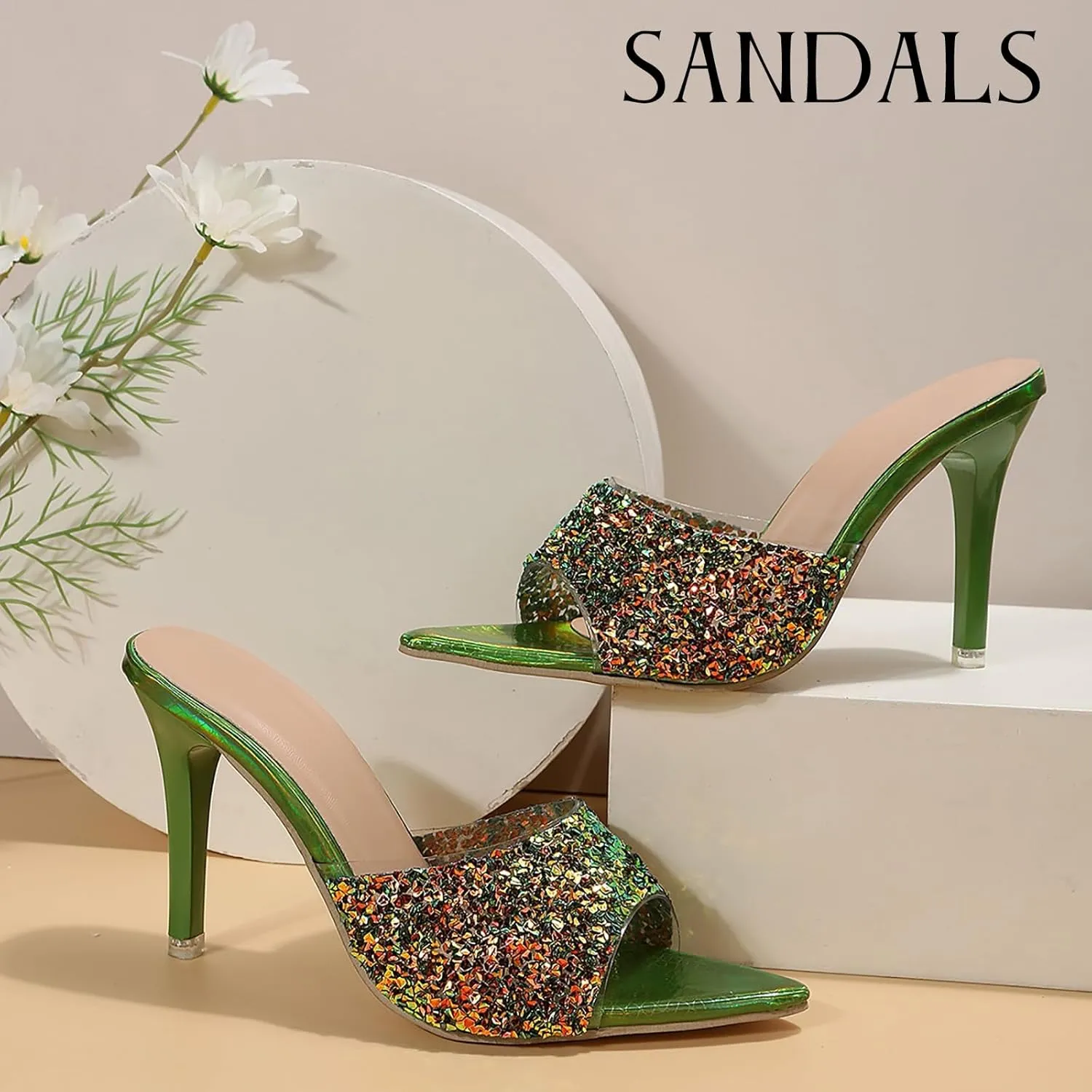 Women's Glitter Sequins Pointed Toe Stilettos Slides Sandals Fashion Open Toe Slip On Comfortable High Heels Mules for Summer Party Prom Date Dress Shoes