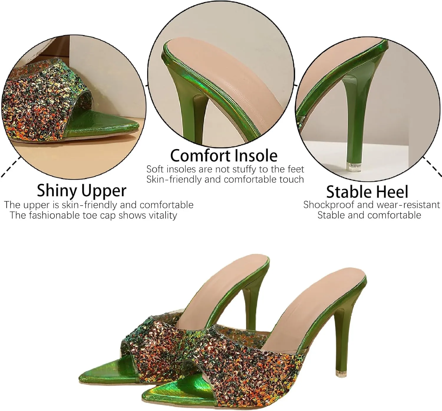 Women's Glitter Sequins Pointed Toe Stilettos Slides Sandals Fashion Open Toe Slip On Comfortable High Heels Mules for Summer Party Prom Date Dress Shoes