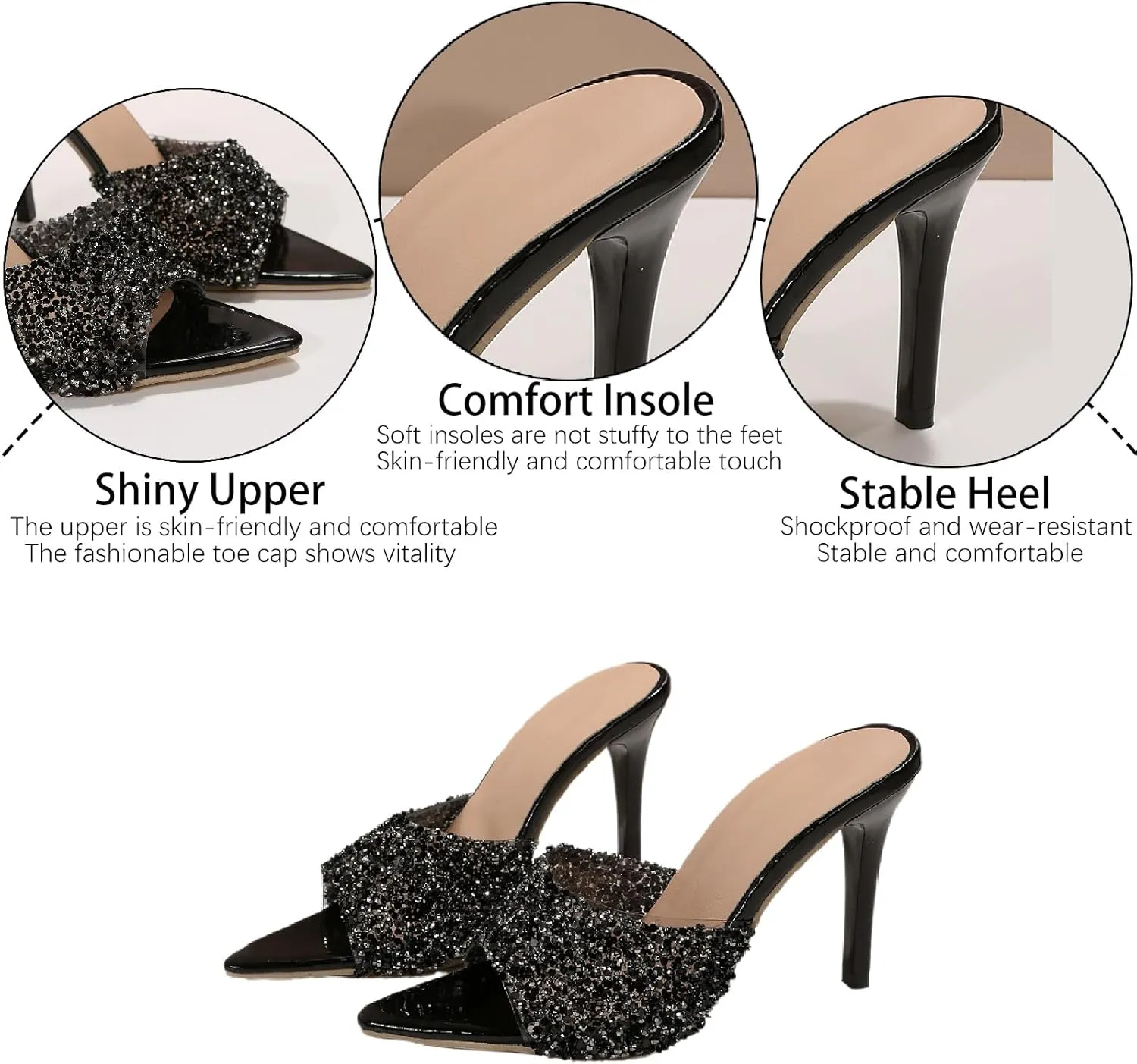 Women's Glitter Sequins Pointed Toe Stilettos Slides Sandals Fashion Open Toe Slip On Comfortable High Heels Mules for Summer Party Prom Date Dress Shoes