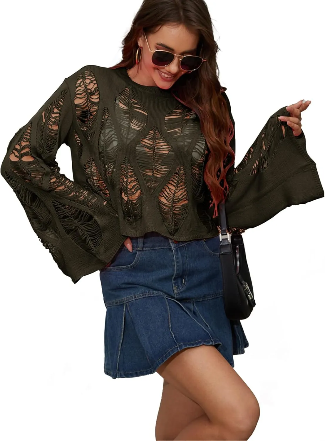 Womens Gothic Short Sweaters Oversized Punk Goth Sweater Long Bell Sleeve Knitting Crop Tops US Size S-XL