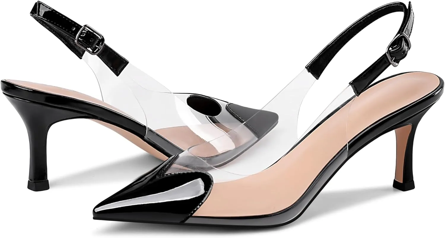Women's Heart Clear Heeled sandals Pointed Toe Transparent Slingback Heels Buckle Strap Patent Leather Pumps Party Prom Dress Shoes