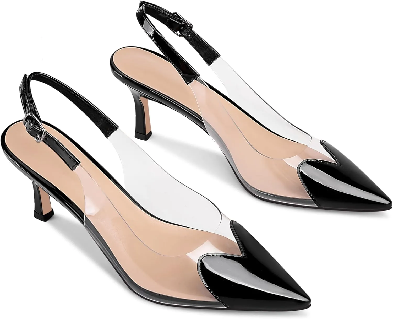 Women's Heart Clear Heeled sandals Pointed Toe Transparent Slingback Heels Buckle Strap Patent Leather Pumps Party Prom Dress Shoes