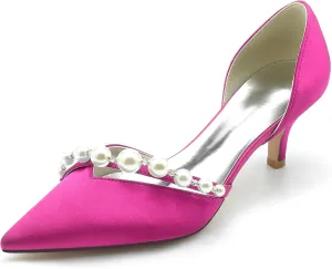 Women's Heel Bridal Shoe Pointed Toe Pump Slip on Heel Party Wedding Dress Shoes Satin Pearl Sandles
