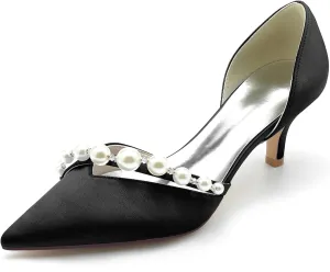 Women's Heel Bridal Shoe Pointed Toe Pump Slip on Heel Party Wedding Dress Shoes Satin Pearl Sandles