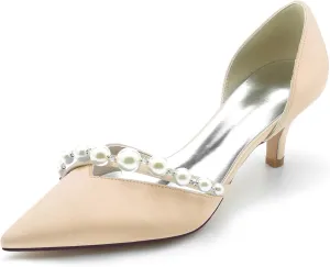 Women's Heel Bridal Shoe Pointed Toe Pump Slip on Heel Party Wedding Dress Shoes Satin Pearl Sandles