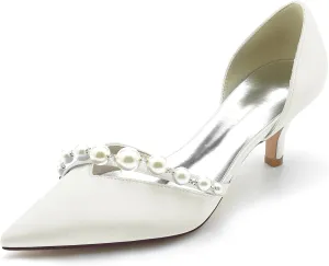 Women's Heel Bridal Shoe Pointed Toe Pump Slip on Heel Party Wedding Dress Shoes Satin Pearl Sandles