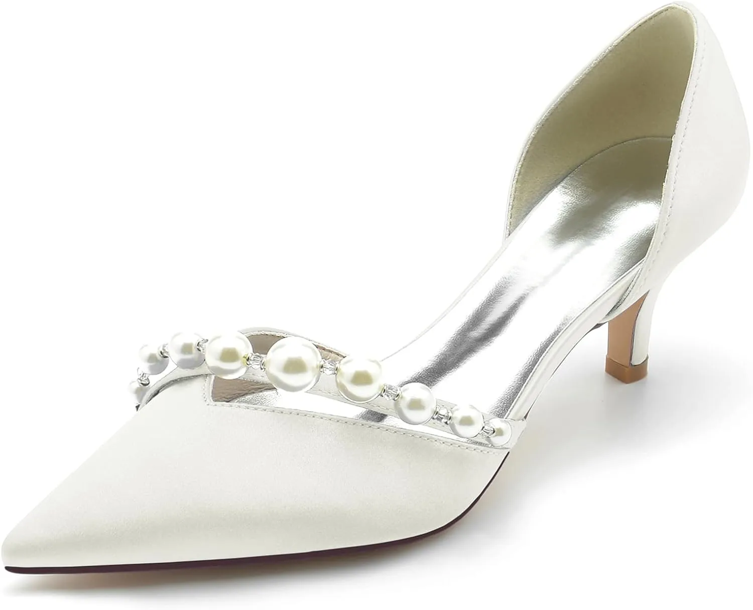 Women's Heel Bridal Shoe Pointed Toe Pump Slip on Heel Party Wedding Dress Shoes Satin Pearl Sandles