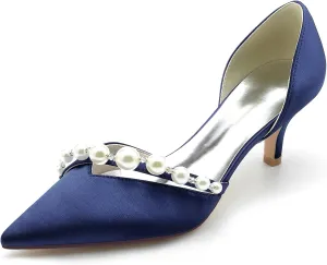 Women's Heel Bridal Shoe Pointed Toe Pump Slip on Heel Party Wedding Dress Shoes Satin Pearl Sandles