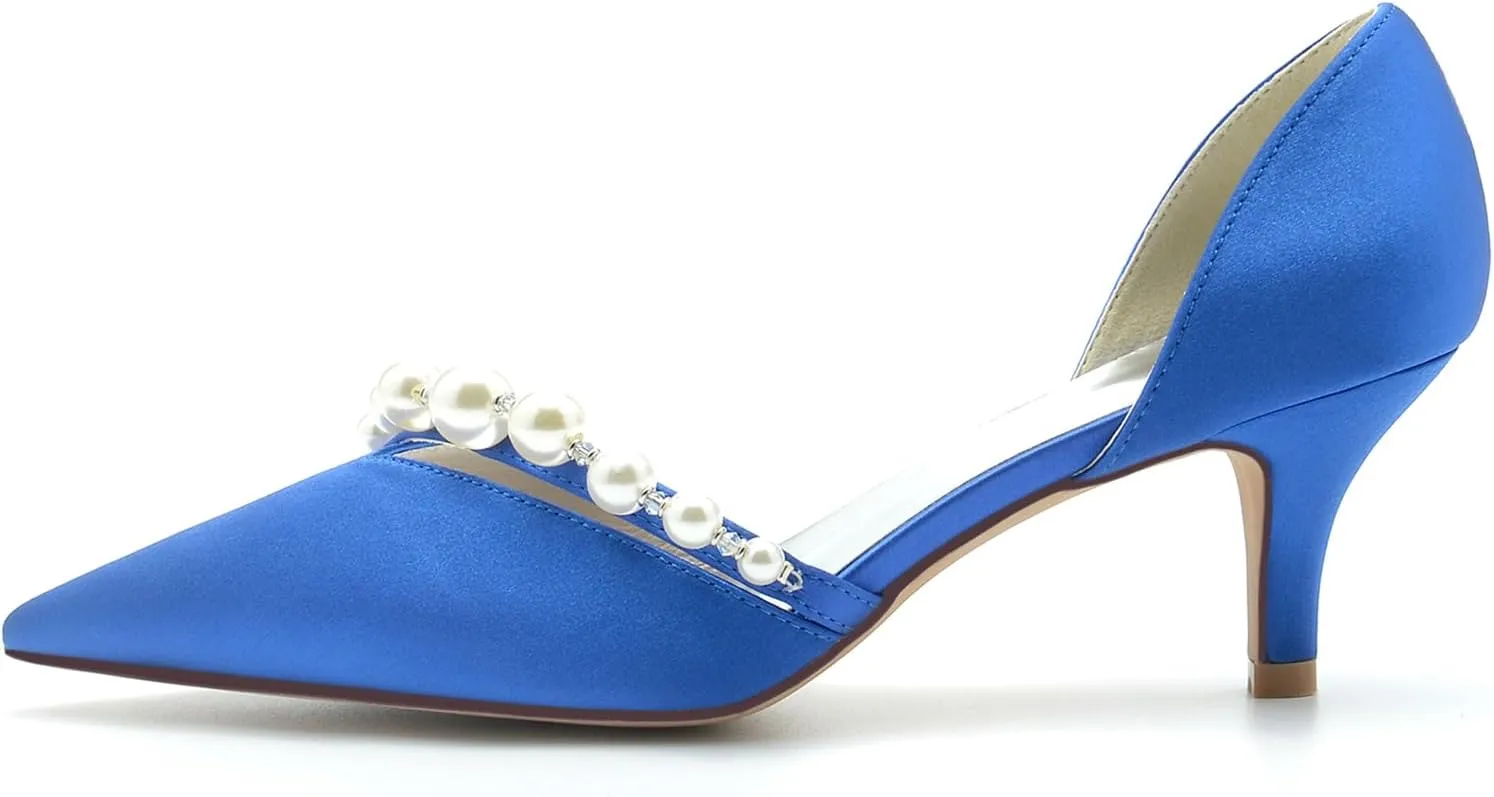 Women's Heel Bridal Shoe Pointed Toe Pump Slip on Heel Party Wedding Dress Shoes Satin Pearl Sandles