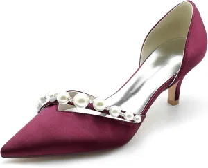 Women's Heel Bridal Shoe Pointed Toe Pump Slip on Heel Party Wedding Dress Shoes Satin Pearl Sandles