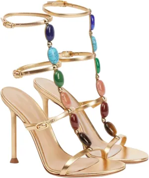 Women's Jeweled Stone Gladiator Sandals T strap Buckle Trio Sandals Stiletto High Heel Ankle Strap Shoes