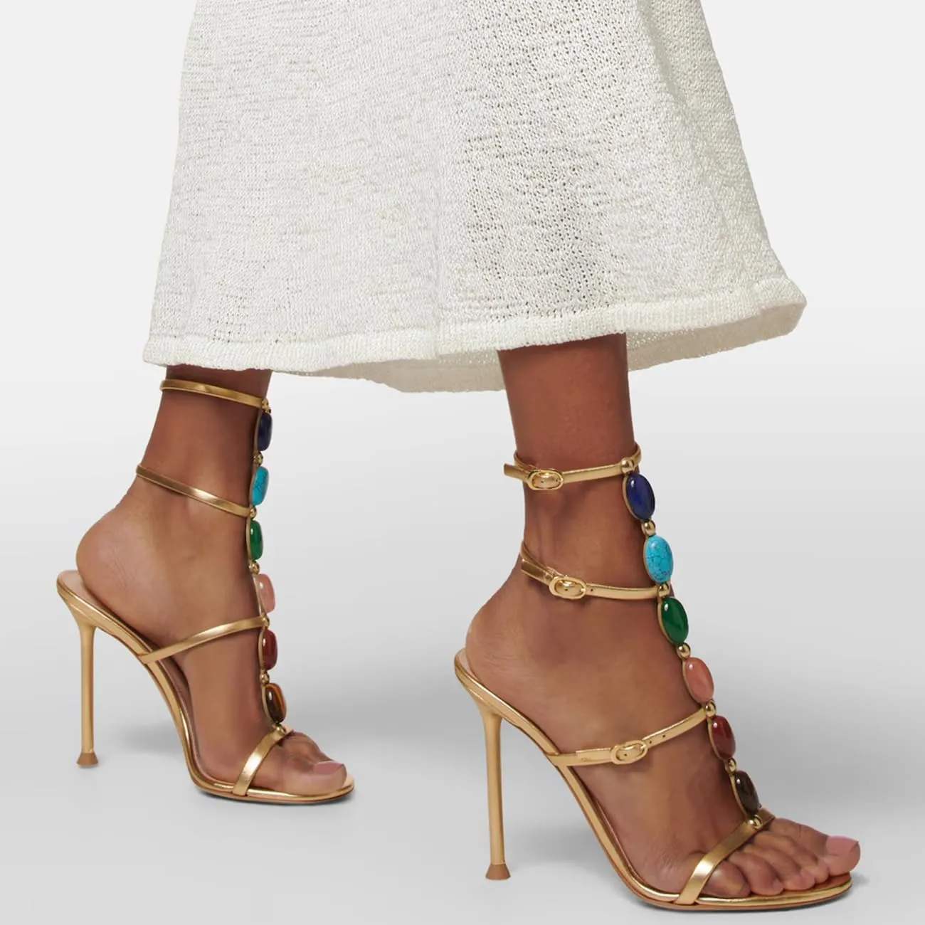 Women's Jeweled Stone Gladiator Sandals T strap Buckle Trio Sandals Stiletto High Heel Ankle Strap Shoes