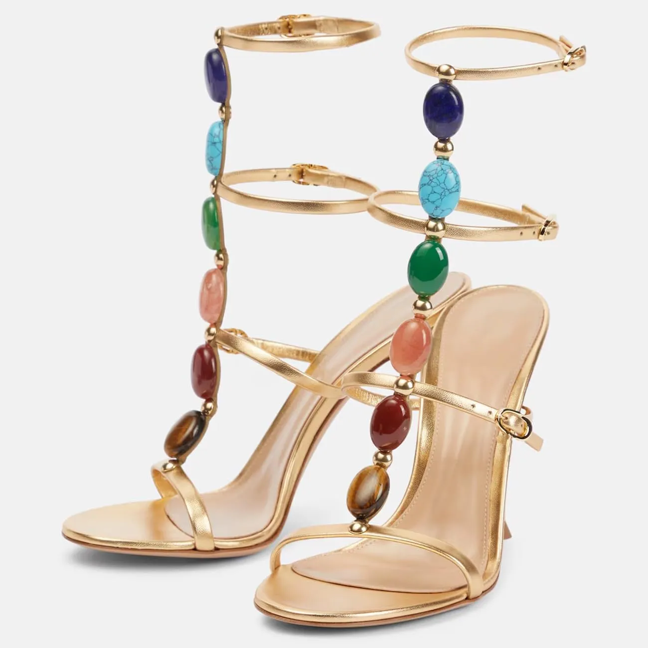 Women's Jeweled Stone Gladiator Sandals T strap Buckle Trio Sandals Stiletto High Heel Ankle Strap Shoes