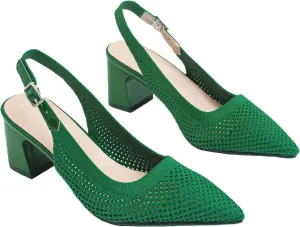Women's Knit Chunky Heels Slingback Pumps with Adjust Ankle Strap Fashion Pointed Toe Breathable Mesh High Heels Sandals for Work Office Party Dress Shoes