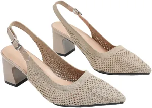 Women's Knit Chunky Heels Slingback Pumps with Adjust Ankle Strap Fashion Pointed Toe Breathable Mesh High Heels Sandals for Work Office Party Dress Shoes