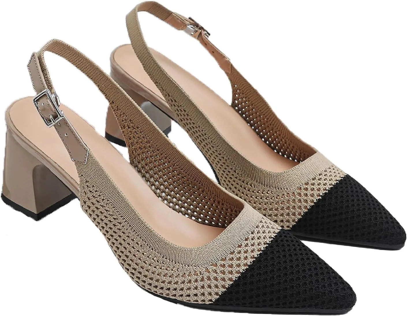 Women's Knit Chunky Heels Slingback Pumps with Adjust Ankle Strap Fashion Pointed Toe Breathable Mesh High Heels Sandals for Work Office Party Dress Shoes