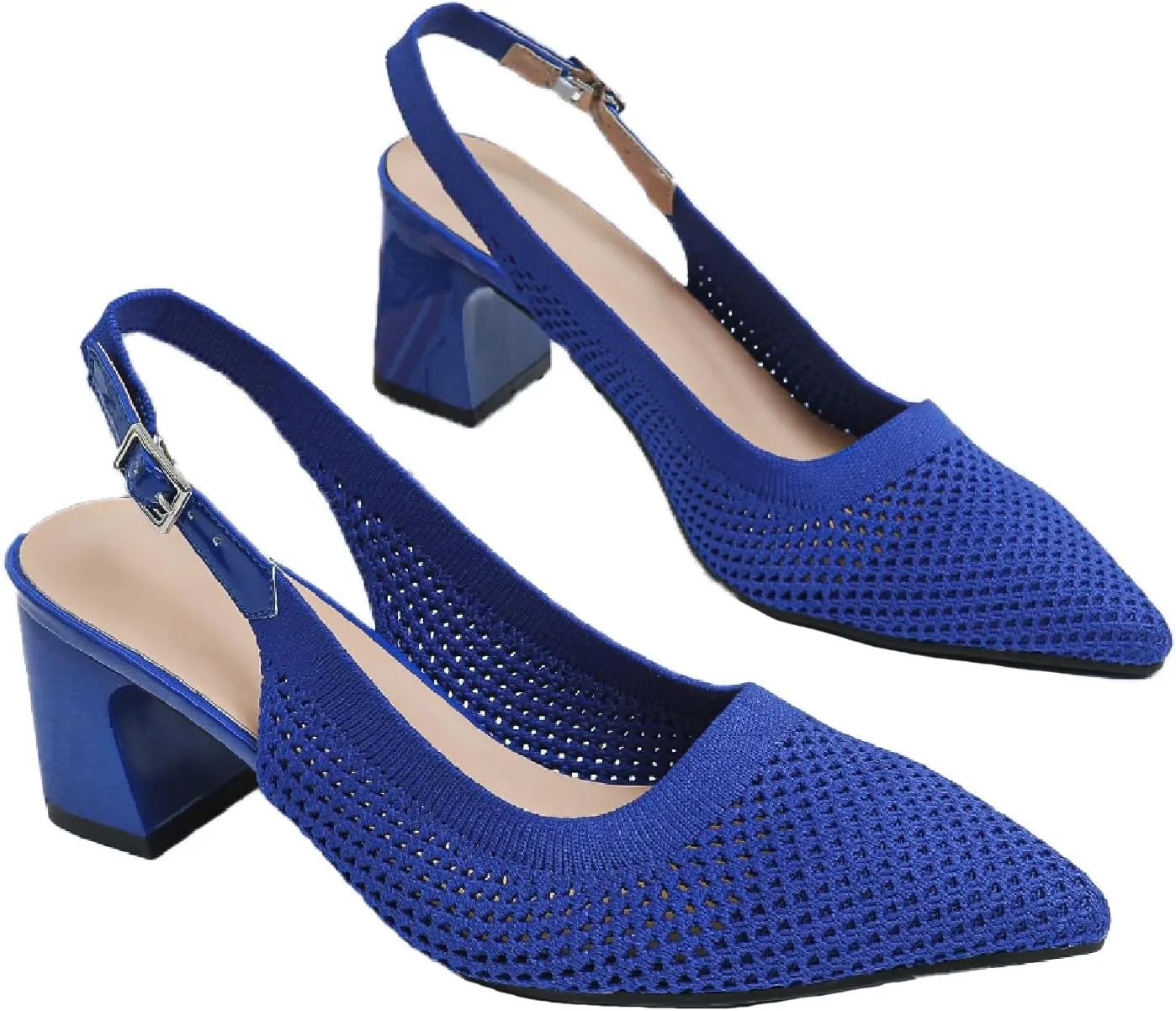 Women's Knit Chunky Heels Slingback Pumps with Adjust Ankle Strap Fashion Pointed Toe Breathable Mesh High Heels Sandals for Work Office Party Dress Shoes
