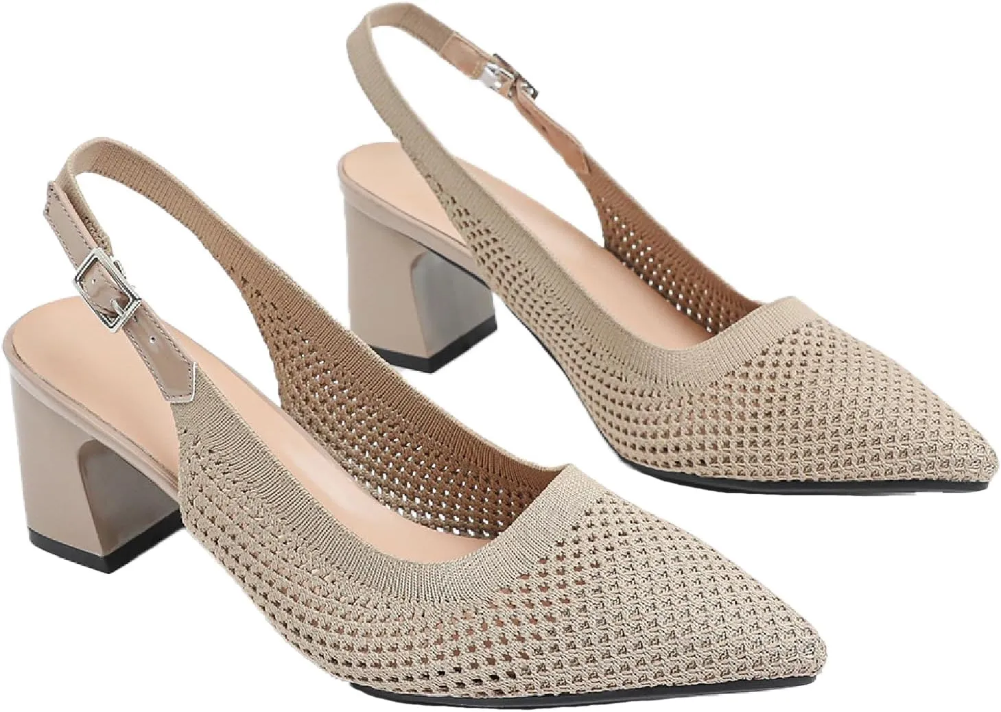 Women's Knit Chunky Heels Slingback Pumps with Adjust Ankle Strap Fashion Pointed Toe Breathable Mesh High Heels Sandals for Work Office Party Dress Shoes