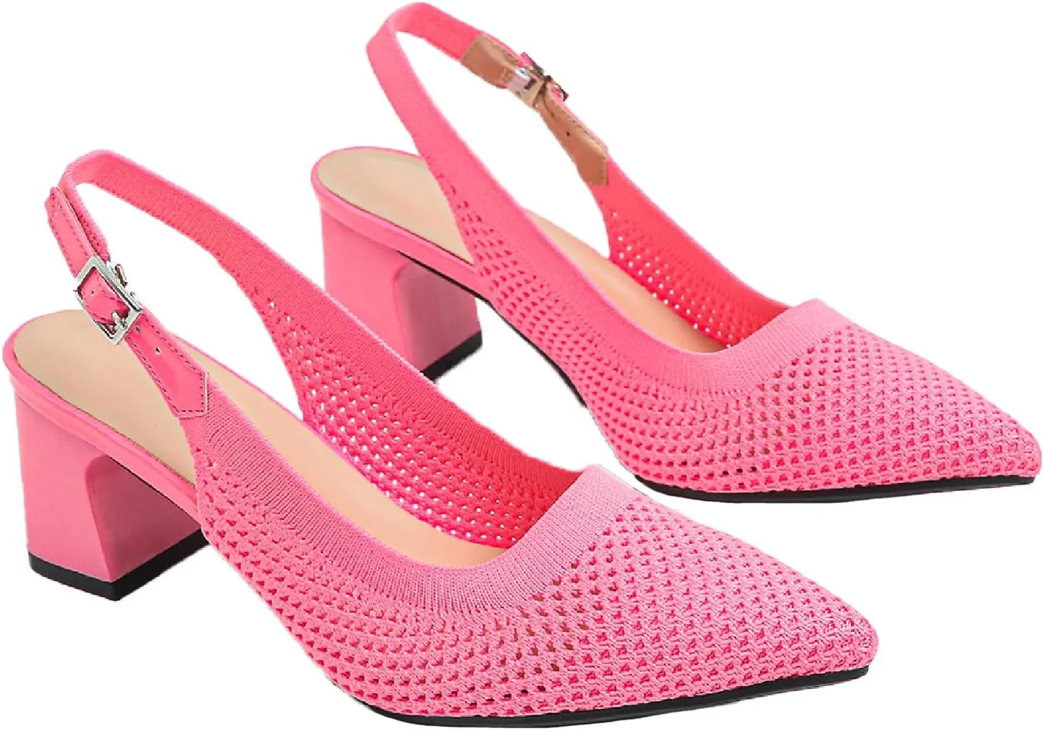 Women's Knit Chunky Heels Slingback Pumps with Adjust Ankle Strap Fashion Pointed Toe Breathable Mesh High Heels Sandals for Work Office Party Dress Shoes