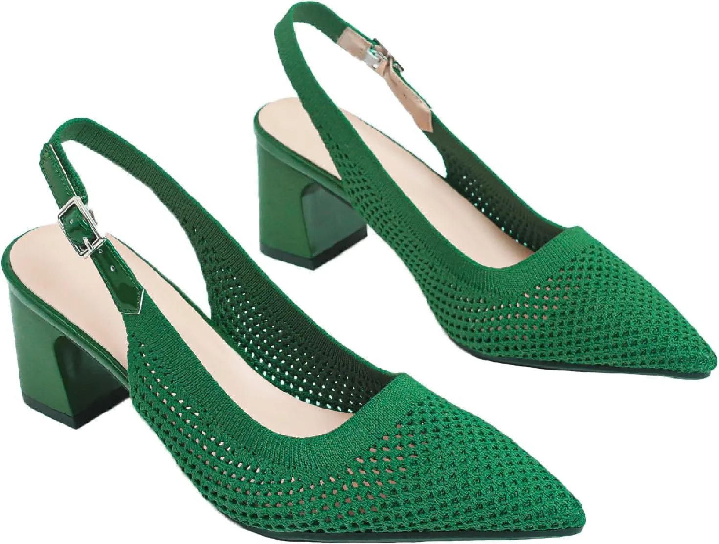Women's Knit Chunky Heels Slingback Pumps with Adjust Ankle Strap Fashion Pointed Toe Breathable Mesh High Heels Sandals for Work Office Party Dress Shoes