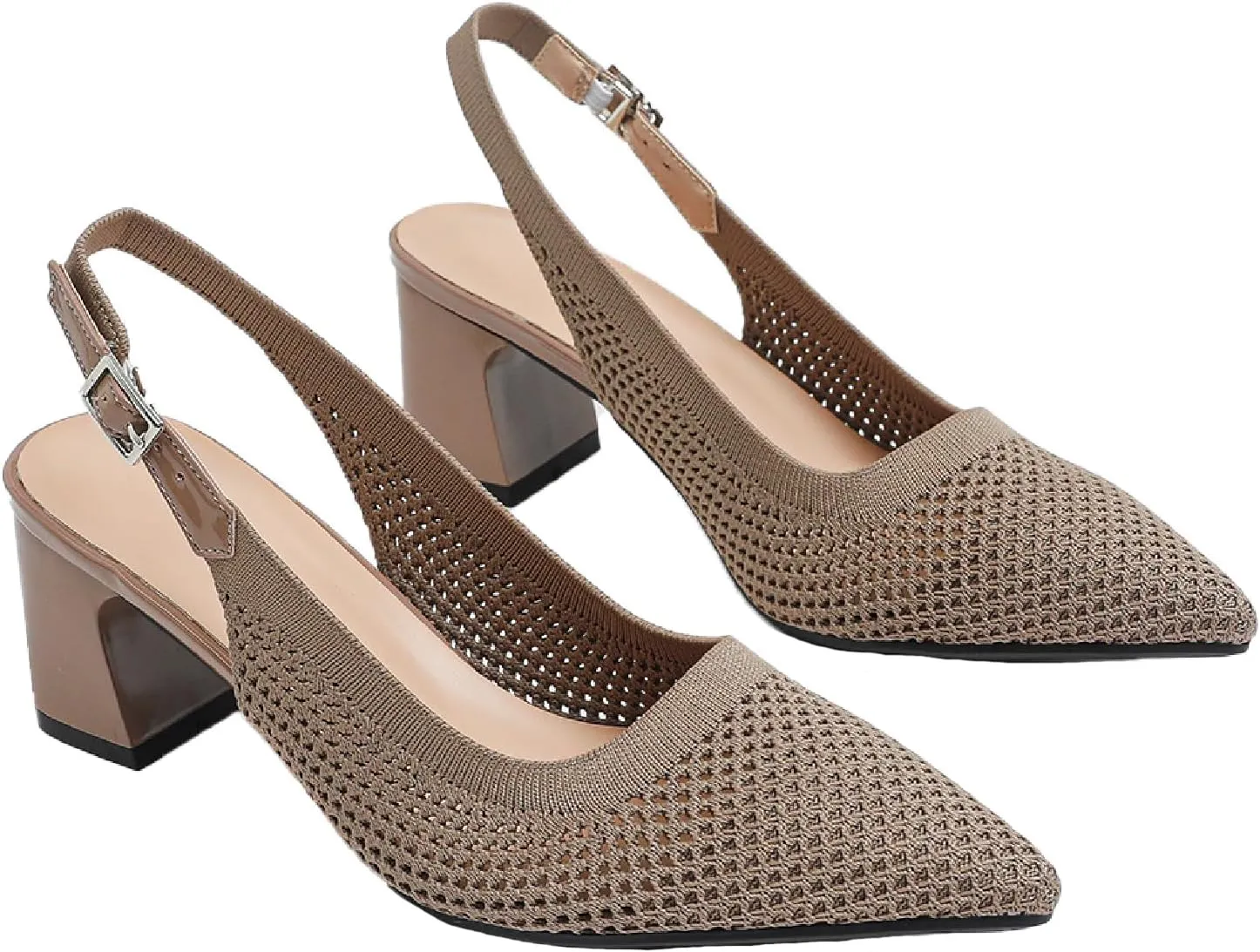 Women's Knit Chunky Heels Slingback Pumps with Adjust Ankle Strap Fashion Pointed Toe Breathable Mesh High Heels Sandals for Work Office Party Dress Shoes