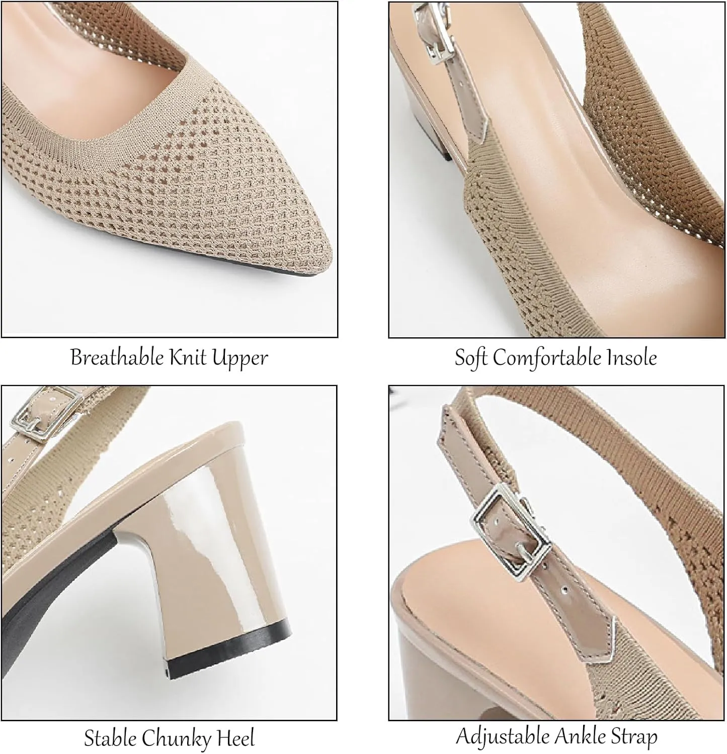 Women's Knit Chunky Heels Slingback Pumps with Adjust Ankle Strap Fashion Pointed Toe Breathable Mesh High Heels Sandals for Work Office Party Dress Shoes