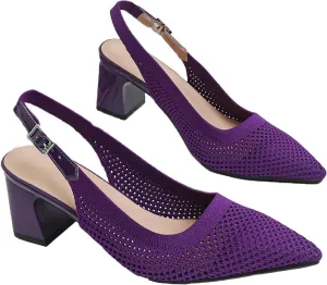 Women's Knit Chunky Heels Slingback Pumps with Adjust Ankle Strap Fashion Pointed Toe Breathable Mesh High Heels Sandals for Work Office Party Dress Shoes
