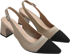 Women's Knit Chunky Heels Slingback Pumps with Adjust Ankle Strap Fashion Pointed Toe Breathable Mesh High Heels Sandals for Work Office Party Dress Shoes
