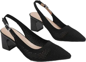 Women's Knit Chunky Heels Slingback Pumps with Adjust Ankle Strap Fashion Pointed Toe Breathable Mesh High Heels Sandals for Work Office Party Dress Shoes