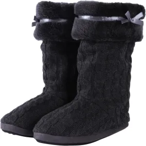 Women's Knit Slippers Indoor Warm Fluffy Home Bootie Slippers Anti-Slip House Shoes with Cute Pom Poms Soft Cozy Ankle Boots for Women
