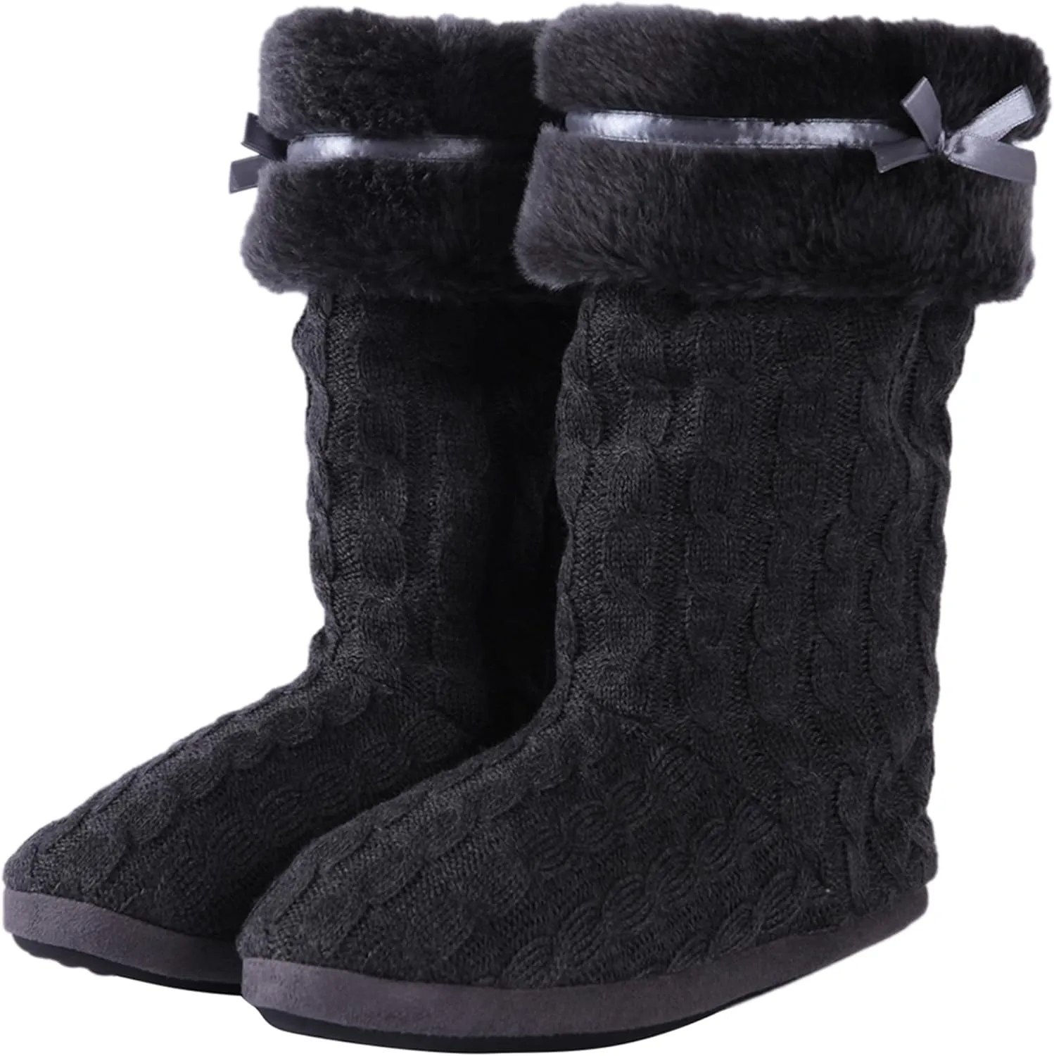 Women's Knit Slippers Indoor Warm Fluffy Home Bootie Slippers Anti-Slip House Shoes with Cute Pom Poms Soft Cozy Ankle Boots for Women