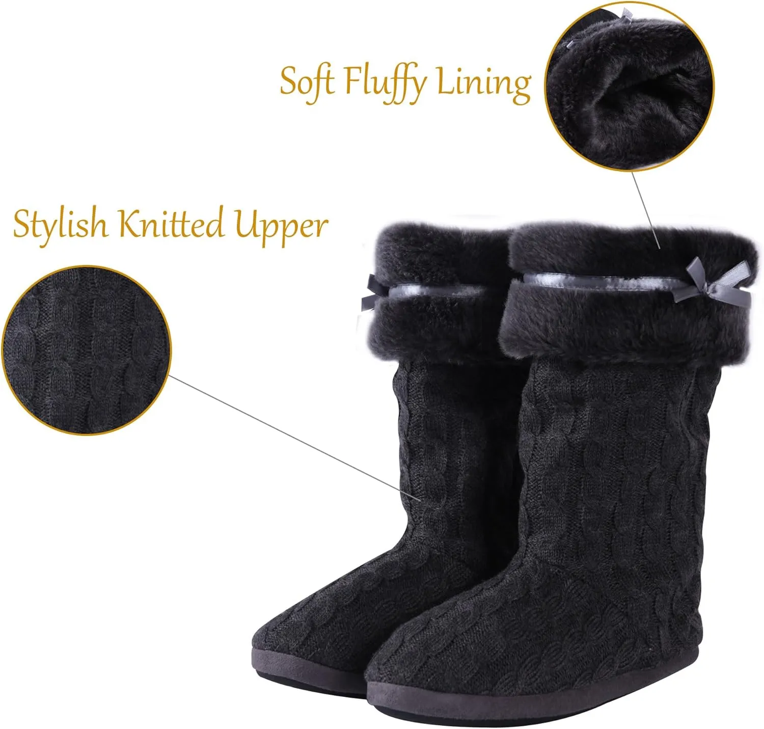 Women's Knit Slippers Indoor Warm Fluffy Home Bootie Slippers Anti-Slip House Shoes with Cute Pom Poms Soft Cozy Ankle Boots for Women
