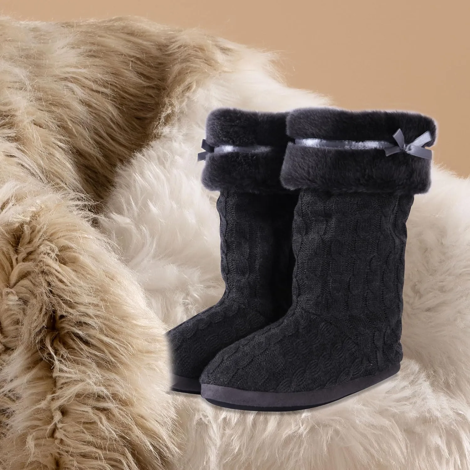 Women's Knit Slippers Indoor Warm Fluffy Home Bootie Slippers Anti-Slip House Shoes with Cute Pom Poms Soft Cozy Ankle Boots for Women