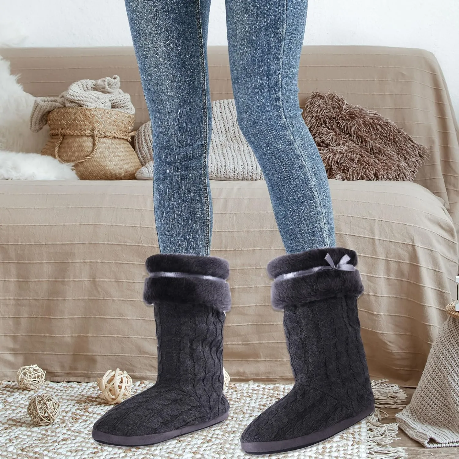 Women's Knit Slippers Indoor Warm Fluffy Home Bootie Slippers Anti-Slip House Shoes with Cute Pom Poms Soft Cozy Ankle Boots for Women