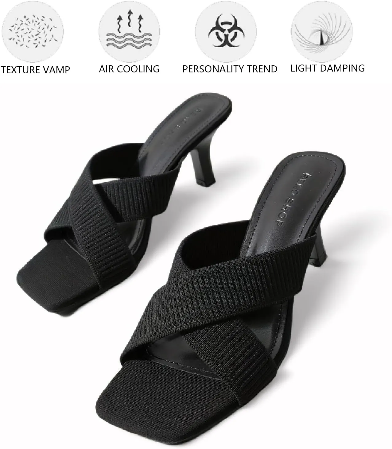 Women's Knit Strappy Stilettos Sandals Fashion Comfortable Open Square Toe Slip On Breathable Mesh Mid Heels Slides Summer Casual Party Office Dress Pumps