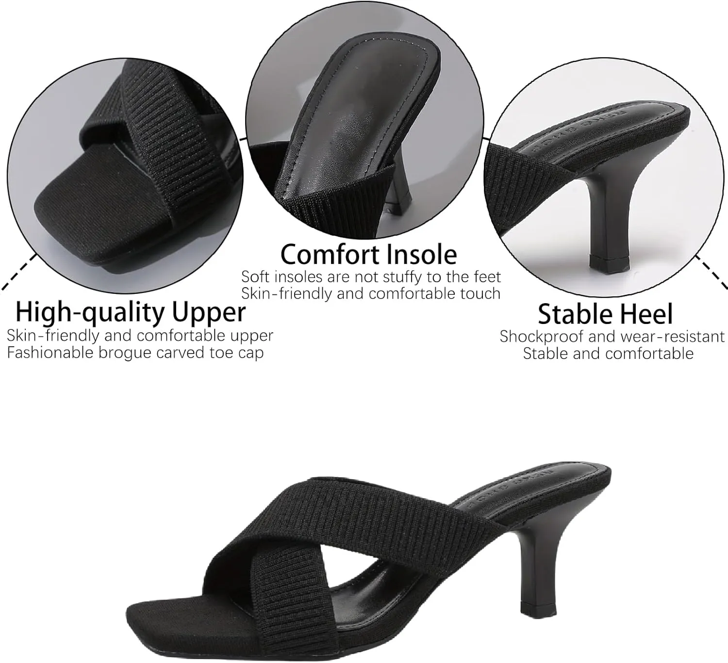 Women's Knit Strappy Stilettos Sandals Fashion Comfortable Open Square Toe Slip On Breathable Mesh Mid Heels Slides Summer Casual Party Office Dress Pumps